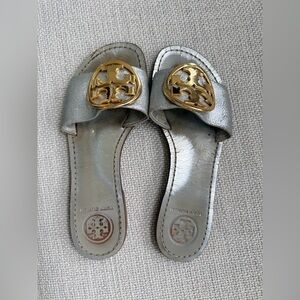 Tory Burch Metallic Silver Slide Mules with Gold Logo
